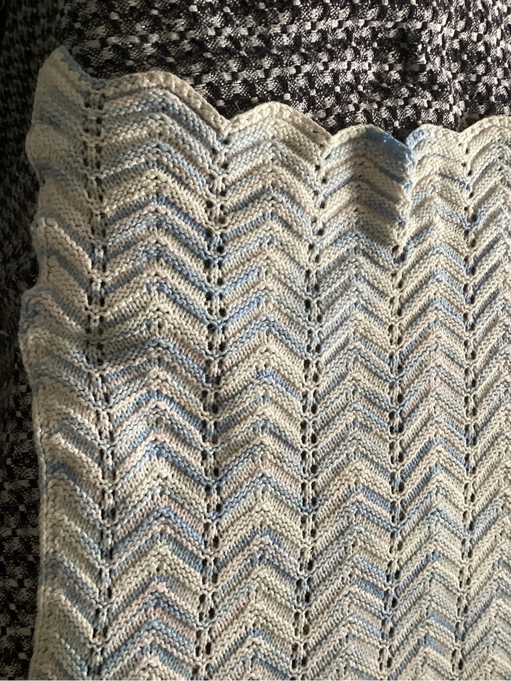 35 X 32 Hand Knit White Baby Blue Blanket Car Carriage Throw.